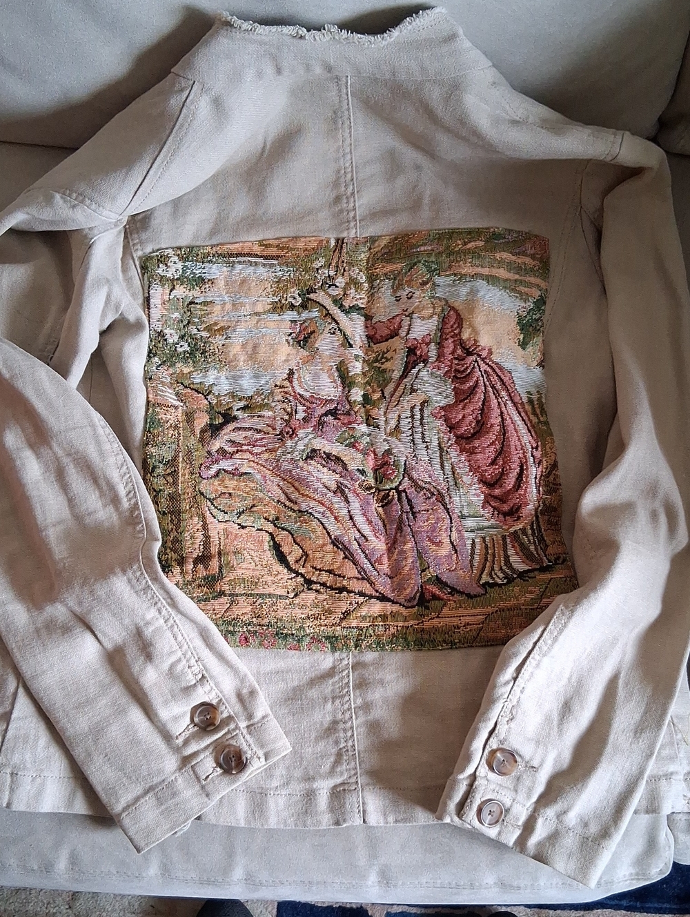 Old Navy Beige Light Linen Jacket Upcycled with Vintag Embroidered Tapestry Back